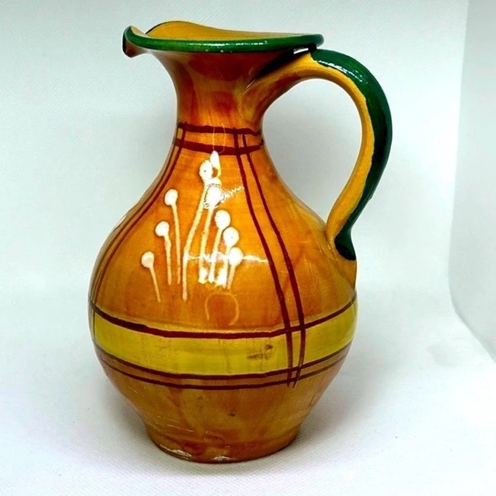 Hand Painted Ceramic‎ Pitcher Vase Rustic Farmhouse Decor Small Jug Tan 5.5